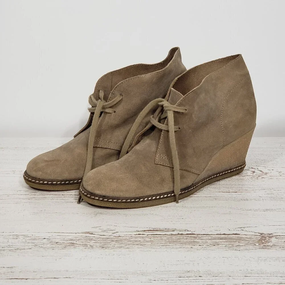 J Crew Tan Suede Wedge Booties  Size 9 good pre-owned condition